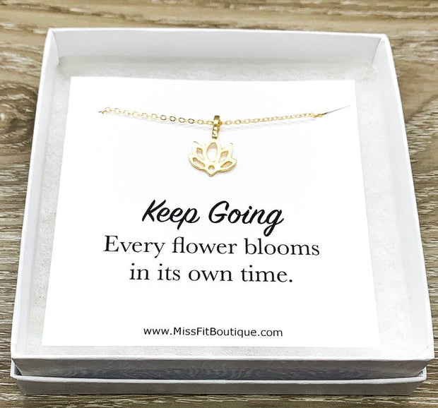 Gold Lotus Flower Necklace, Quote Card, Dainty Flower Necklace, Keep Going Gift, Lotus Pendant, Yoga Jewelry, Inspirational Gift