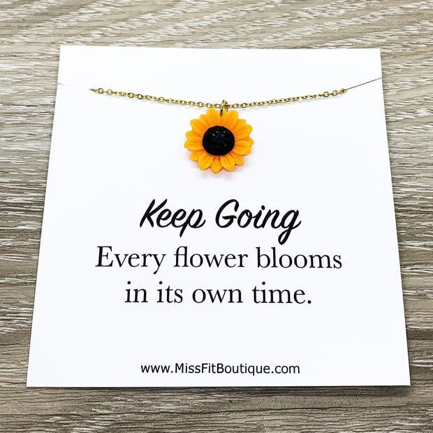 Sunflower Necklace, Keep Going Quote, Orange Flower Charm Necklace, Minimal Floral Jewelry, Simple Reminder Gift, Inspirational Card