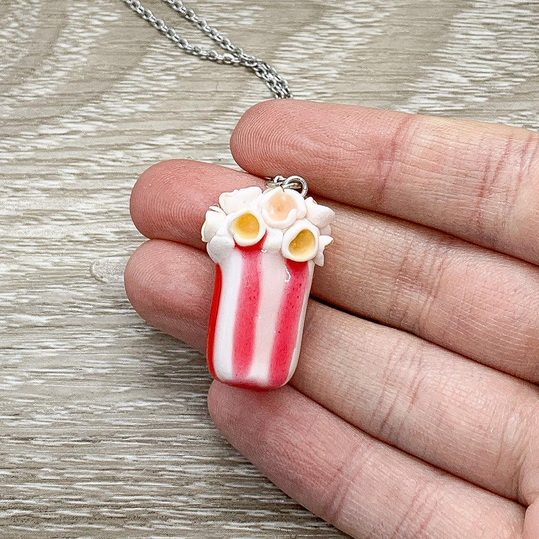 Tiny Popcorn Charm Necklace, Love is Sharing Your Popcorn Card, Miniature Food Necklace, Friendship Gift, Cute Friend Birthday, Couples Gift