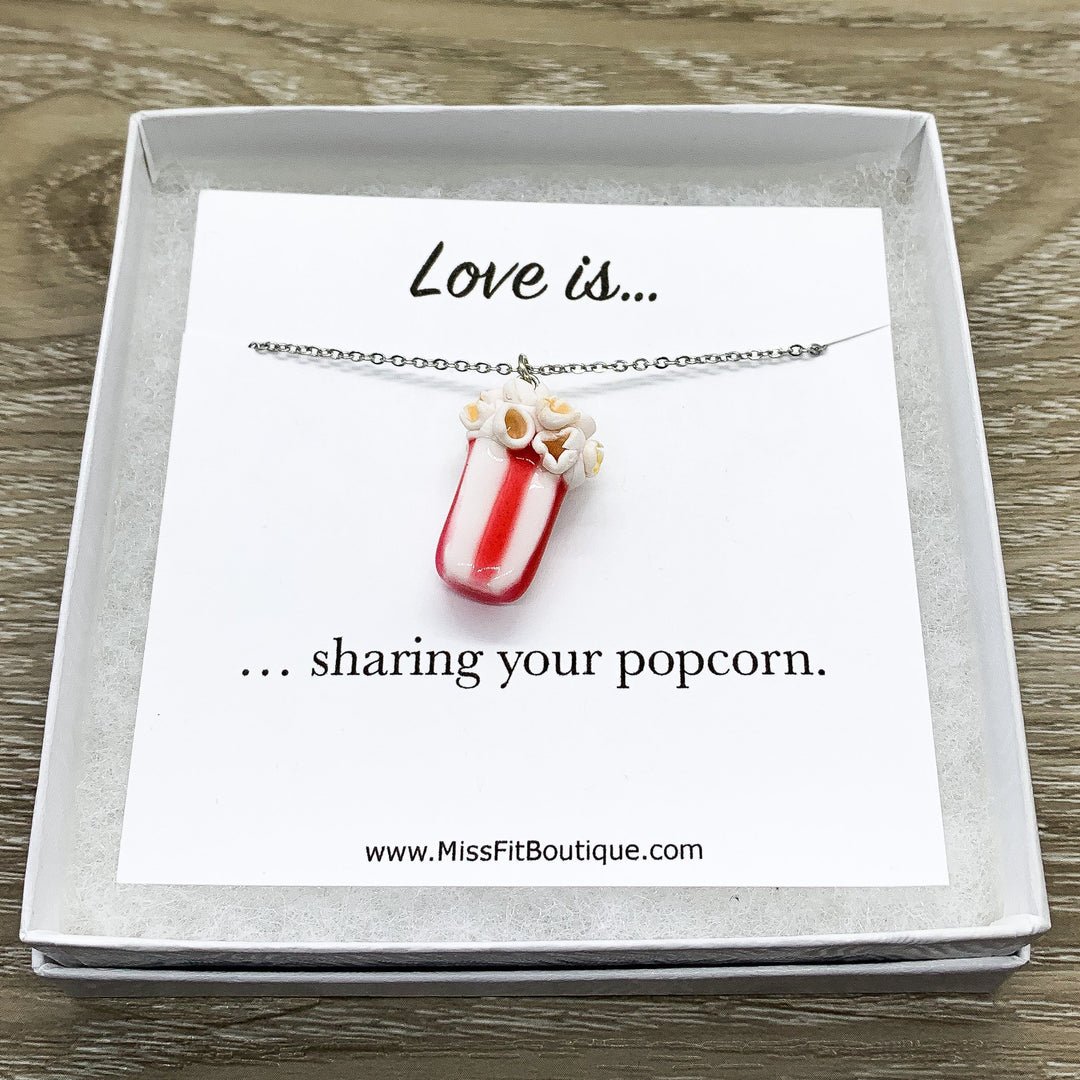 Tiny Popcorn Charm Necklace, Love is Sharing Your Popcorn Card, Miniature Food Necklace, Friendship Gift, Cute Friend Birthday, Couples Gift
