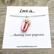 Tiny Popcorn Charm Necklace, Love is Sharing Your Popcorn Card, Miniature Food Necklace, Friendship Gift, Cute Friend Birthday, Couples Gift