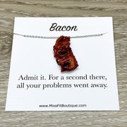 Tiny Bacon Charm Necklace, Bacon Lover Gift, Miniature Food Necklace, Friendship Gift, Cute Friend Birthday, Funny Card with Box