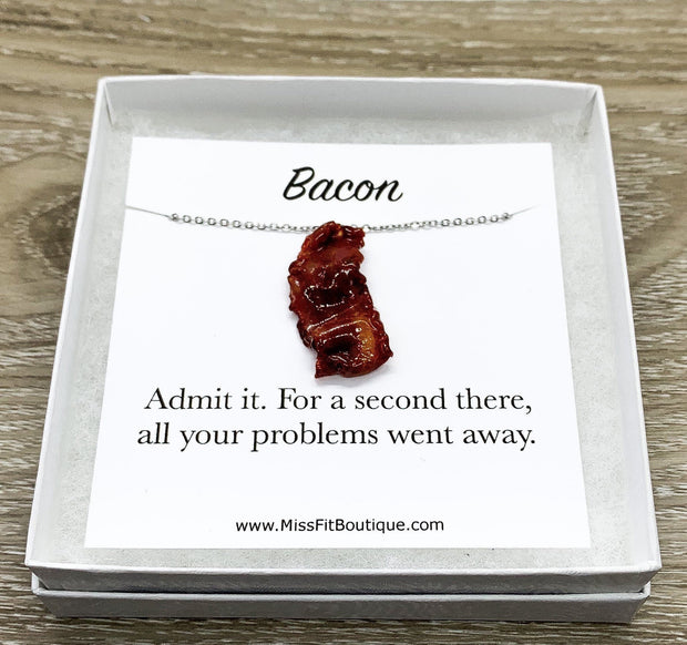 Tiny Bacon Charm Necklace, Bacon Lover Gift, Miniature Food Necklace, Friendship Gift, Cute Friend Birthday, Funny Card with Box