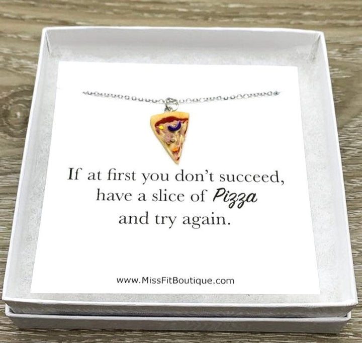 Tiny Pizza Necklace, Success Quote Card, Miniature Pizza Slice Charm, Friendship Necklace, Thoughtful Friends Gift, Pizza Jewelry