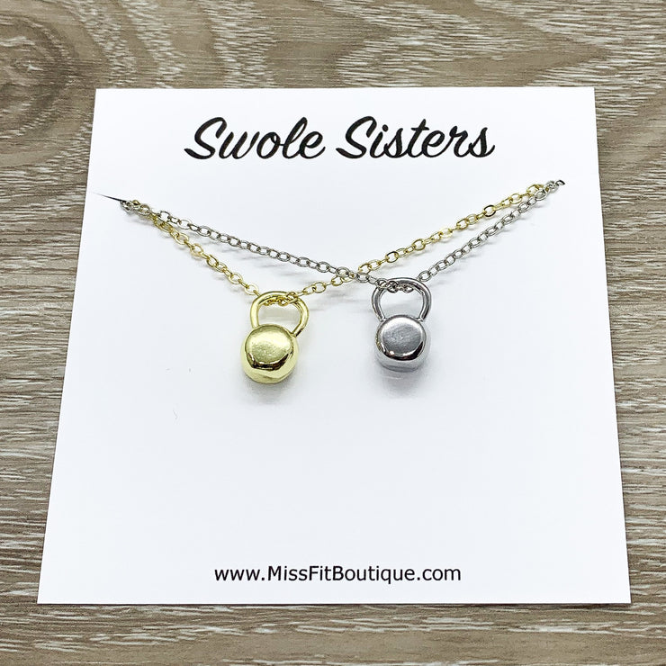 Swole Sisters Gift, Kettlebell Necklace Set for 2, Fitness Jewelry, Tiny Kettlebell Pendant, Swole Mates Gift, Weightlifting Gift