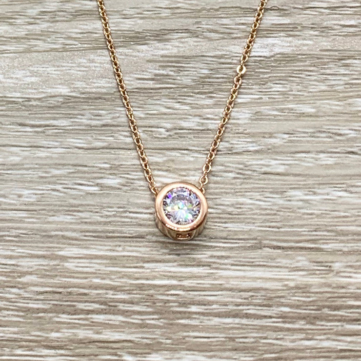 Rose Gold Solitaire Pendant, Tiny Round Crystal Necklace, Dainty Jewelry, Minimalist Necklace, Gift for Friend, Daughter Jewelry, Birthday