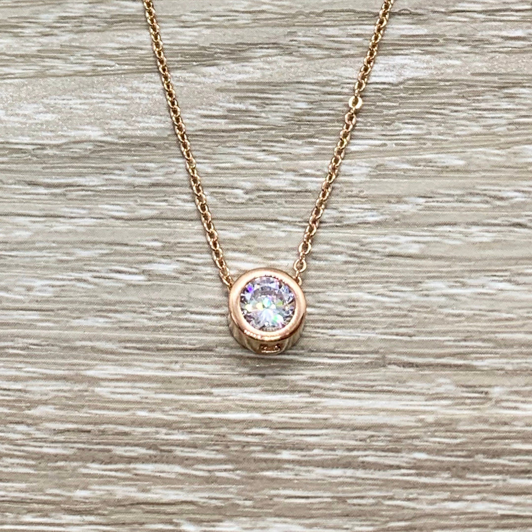 Unbiological Sister Jewelry, Friendship Gift, Tiny Round Crystal Necklace, Rose Gold Solitaire Pendant, Bonus Sister Gift, Gift for Friend