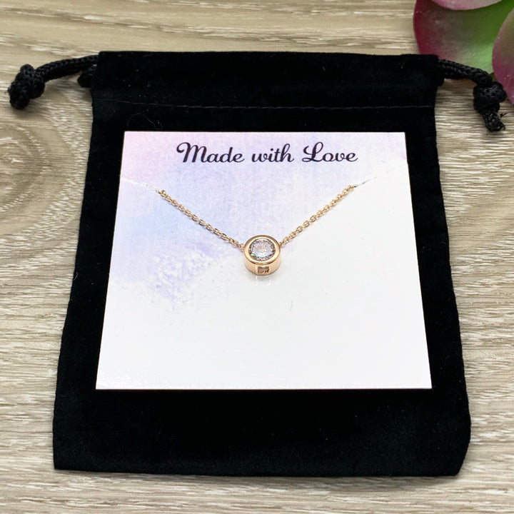 Unbiological Sister Jewelry, Friendship Gift, Tiny Round Crystal Necklace, Rose Gold Solitaire Pendant, Bonus Sister Gift, Gift for Friend