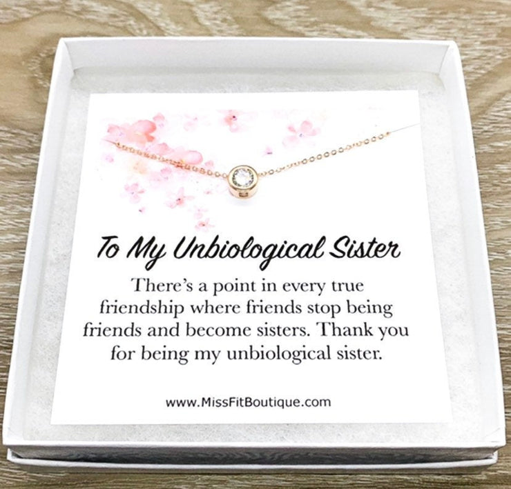 Unbiological Sister Jewelry, Friendship Gift, Tiny Round Crystal Necklace, Rose Gold Solitaire Pendant, Bonus Sister Gift, Gift for Friend