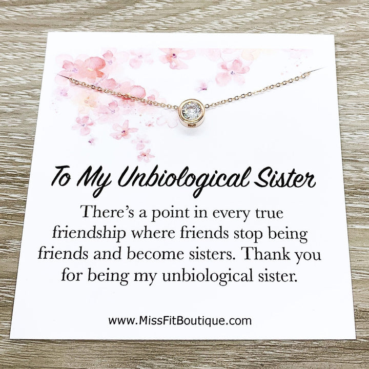 Unbiological Sister Jewelry, Friendship Gift, Tiny Round Crystal Necklace, Rose Gold Solitaire Pendant, Bonus Sister Gift, Gift for Friend