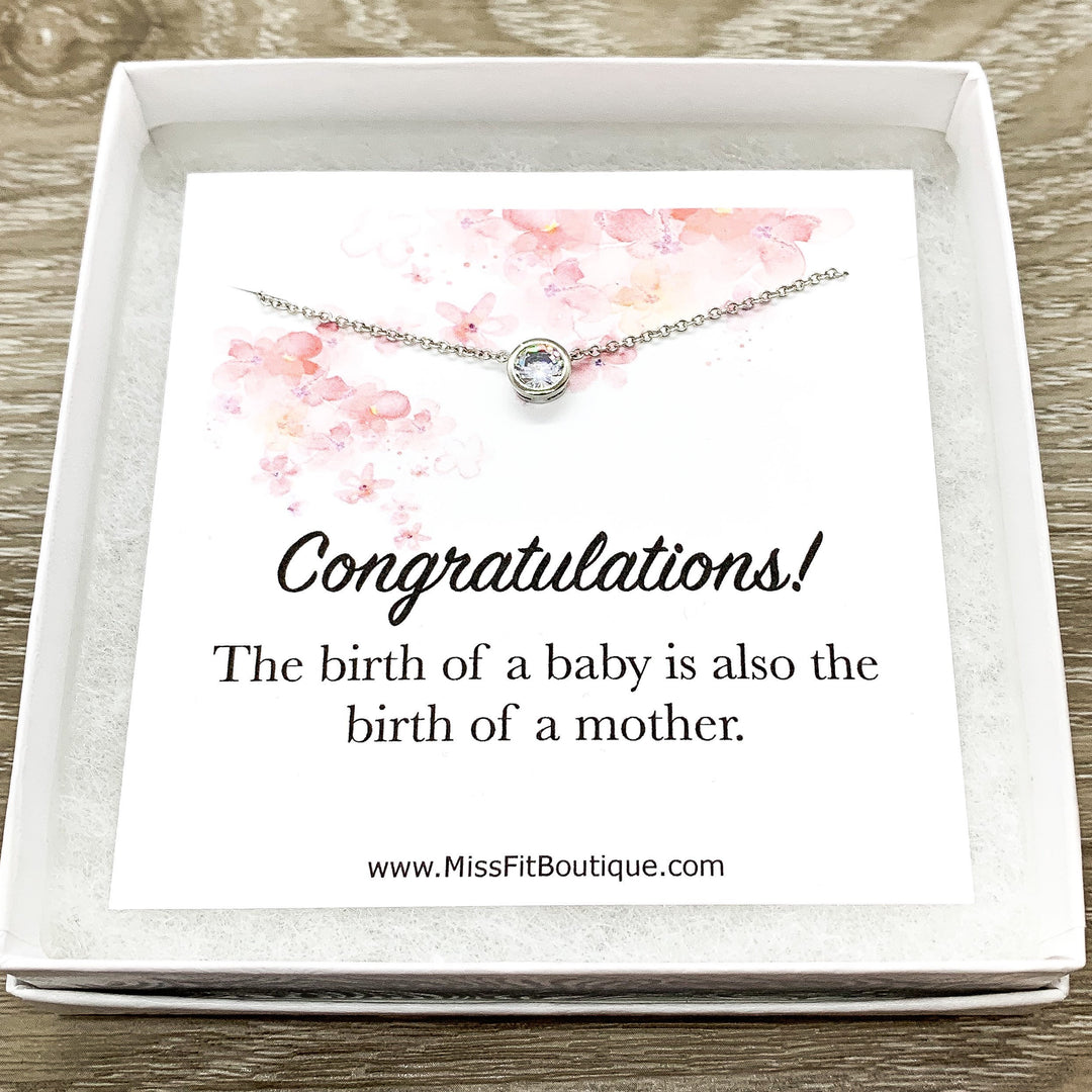New Baby Gift, Congratulations Card, Tiny Round Crystal Necklace, Silver Solitaire Rhinestone Pendant, New Mama Gift, Pregnancy Gift
