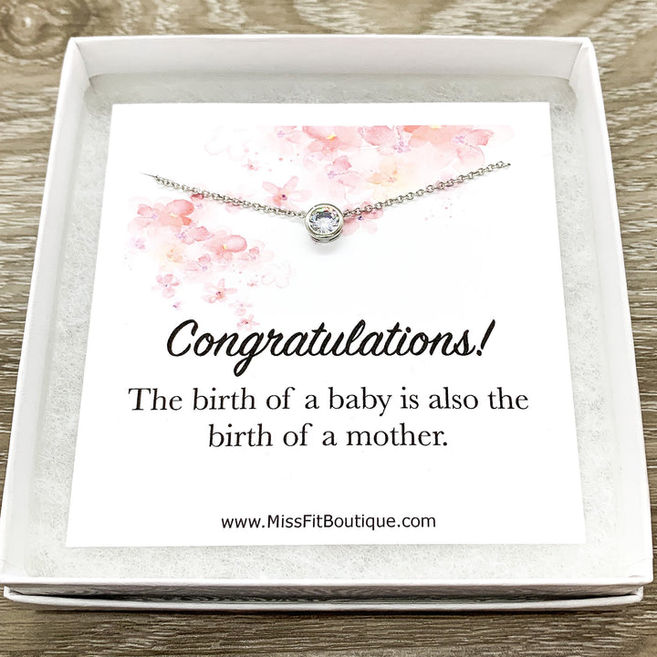 New Baby Gift, Congratulations Card, Tiny Round Crystal Necklace, Silver Solitaire Rhinestone Pendant, New Mama Gift, Pregnancy Gift