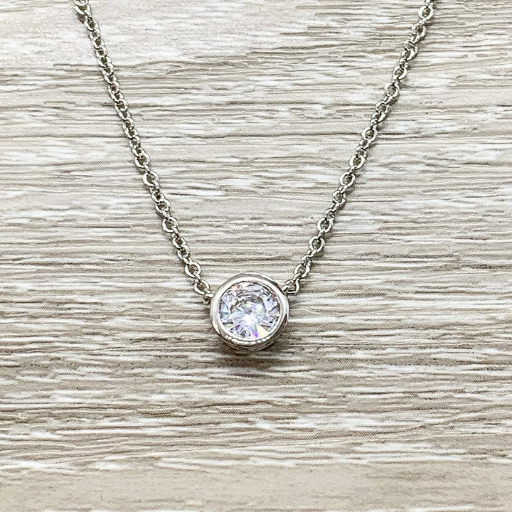New Baby Gift, Congratulations Card, Tiny Round Crystal Necklace, Silver Solitaire Rhinestone Pendant, New Mama Gift, Pregnancy Gift