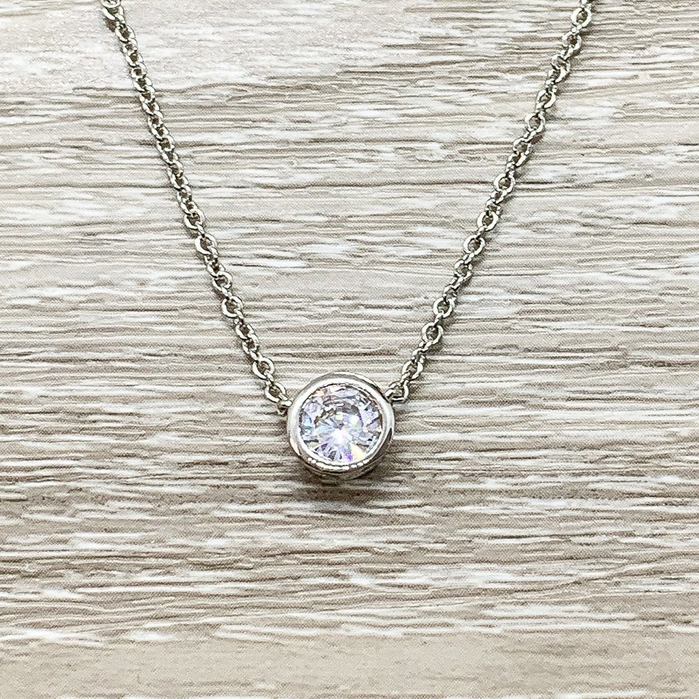 New Baby Gift, Congratulations Card, Tiny Round Crystal Necklace, Silver Solitaire Rhinestone Pendant, New Mama Gift, Pregnancy Gift