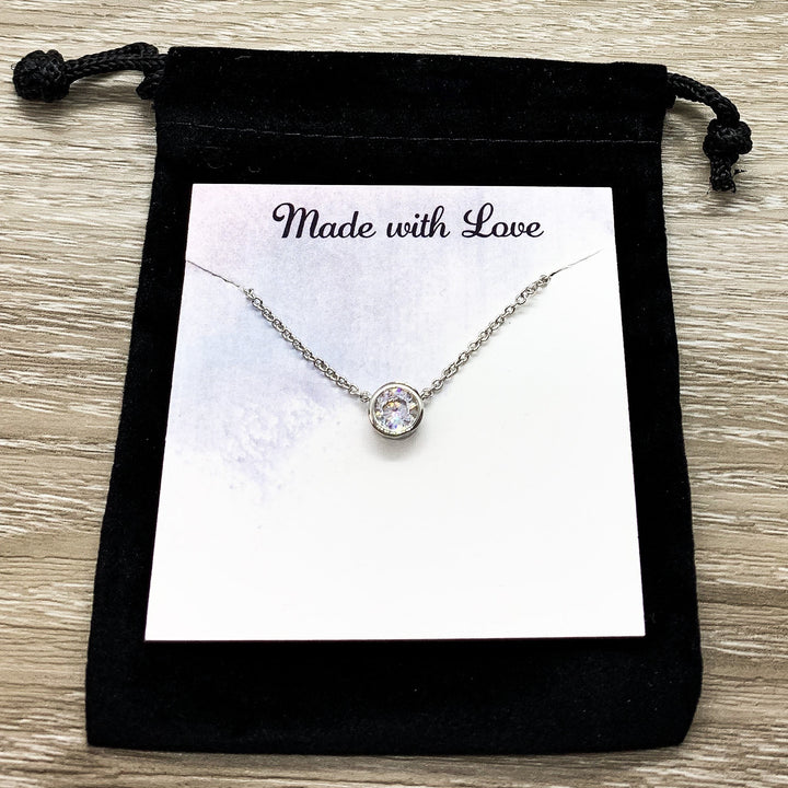 New Baby Gift, Congratulations Card, Tiny Round Crystal Necklace, Silver Solitaire Rhinestone Pendant, New Mama Gift, Pregnancy Gift