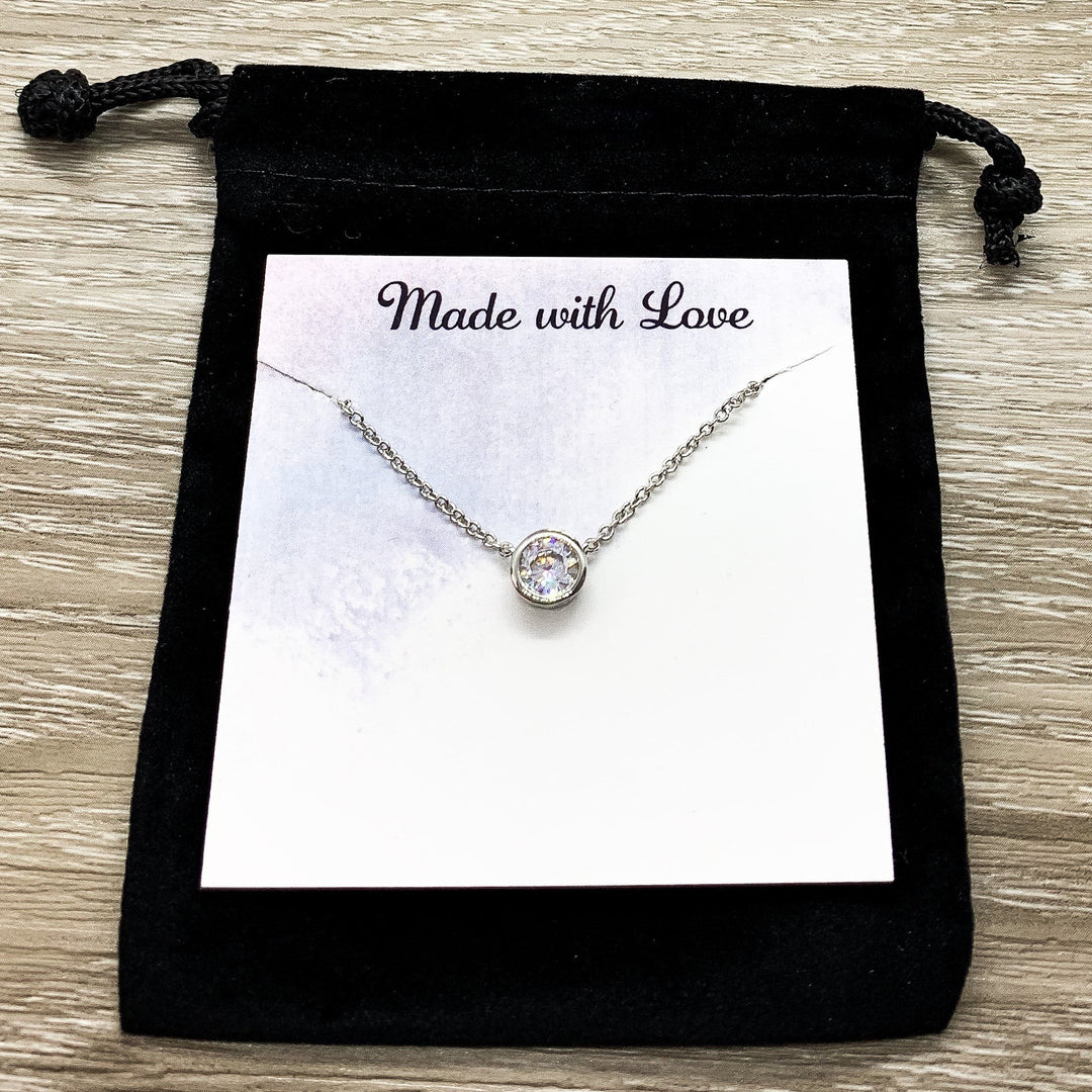 New Baby Gift, Congratulations Card, Tiny Round Crystal Necklace, Silver Solitaire Rhinestone Pendant, New Mama Gift, Pregnancy Gift