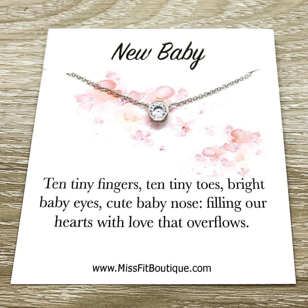 New Baby Gift, Congratulations Card, Tiny Round Crystal Necklace, Silver Solitaire Rhinestone Pendant, New Mama Gift, Pregnancy Gift