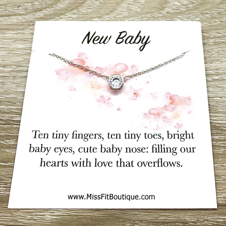 New Baby Gift, Congratulations Card, Tiny Round Crystal Necklace, Silver Solitaire Rhinestone Pendant, New Mama Gift, Pregnancy Gift