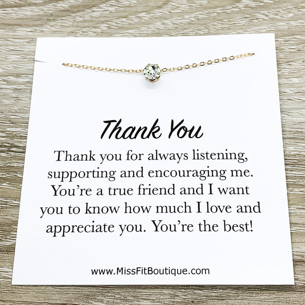 Thank You Gift from Friend, Appreciation Gift, Tiny Crystal Necklace, Solitaire Rhinestone Pendant, Gratitude Gift, True Friend Christmas