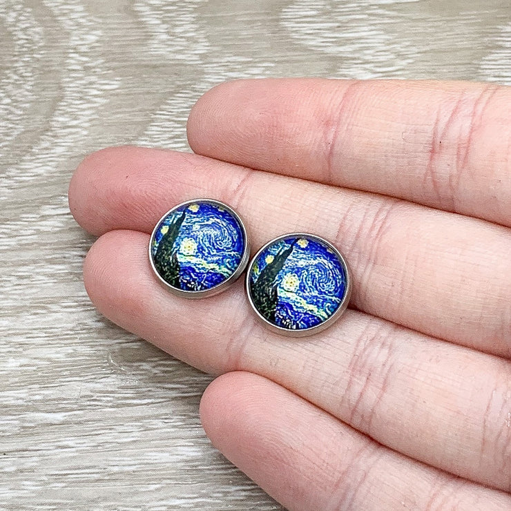 Van Gogh Starry Night Earrings, Tiny Round Painting Stud Earrings, Fine Art Lover Jewelry, Cute Artist Earrings, Unique Jewelry, Birthday