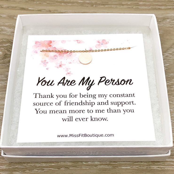 You Are My Person Gift, Tiny Round Disc Necklace, Rose Gold Solitaire Pendant, Unbiological Sister Gift, BFF Birthday Gift, Girlfriend Gift