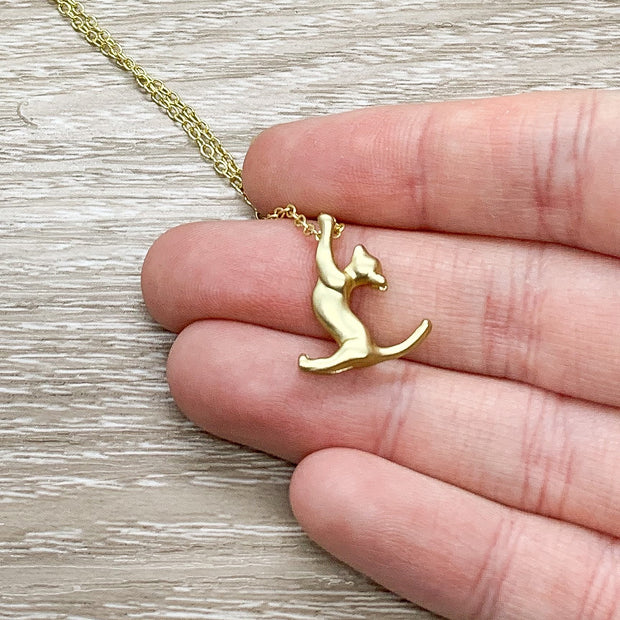 Cat Necklace Gold, Playful Cat Pendant, Kitten Necklace, Cat Lover Gift, Gift for Little Girl, Feline Jewelry, Birthday Gift for Her