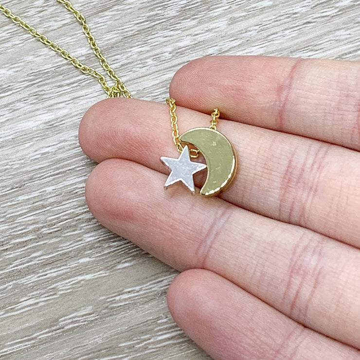 Gold Crescent Moon Necklace with Silver Star, Minimalist Jewelry, Astronomy-Themed Necklace, Dainty Celestial Jewelry