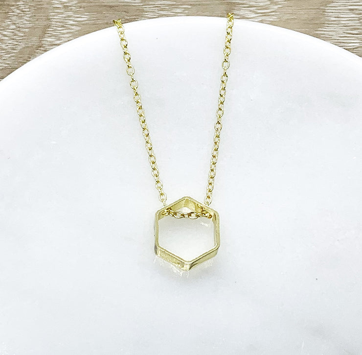 Hexagon Necklace Gold, Minimal Geometric Jewelry, Hexagon Outline Necklace, Honeycomb Pendant, Layering Necklace, Modern Jewelry