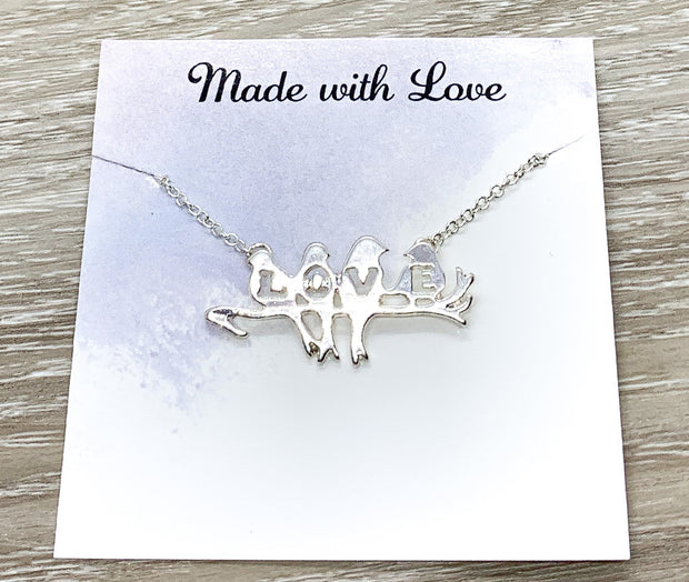 Bird Lover Gift, Love Birds Necklace, Four Birds on a Branch Necklace, Romantic Necklace, Gift for Grandma, Gift for Girlfriend