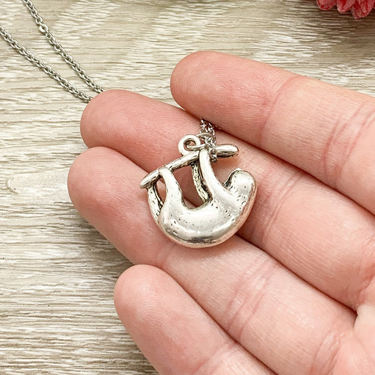 Hanging Sloth Necklace, Dainty Silver Sloth Pendant, Animal Lover Jewelry, Animal Necklace, Lazy Gift, Friendship Necklace, Stocking Stuffer