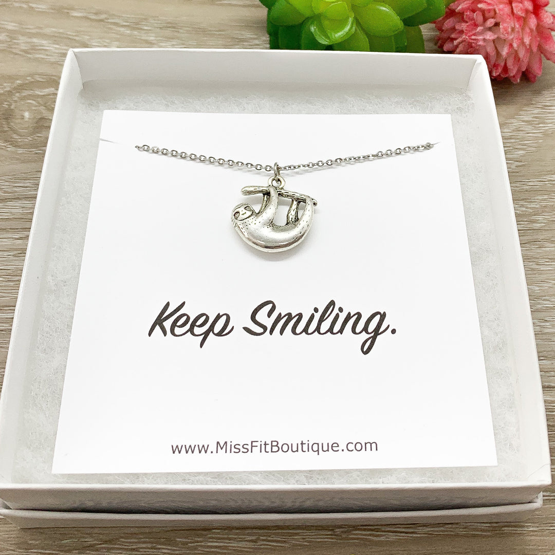 Keep Smiling, Hanging Sloth Necklace, Dainty Silver Sloth Pendant, Animal Lover Jewelry, Cute Necklace, Uplifting Quote, Custom Message Card