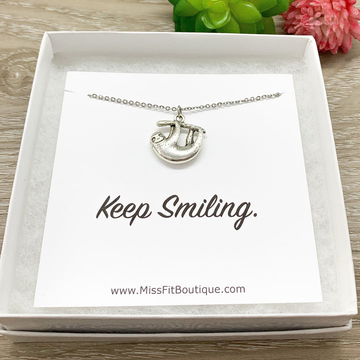 Keep Smiling, Hanging Sloth Necklace, Dainty Silver Sloth Pendant, Animal Lover Jewelry, Cute Necklace, Uplifting Quote, Custom Message Card