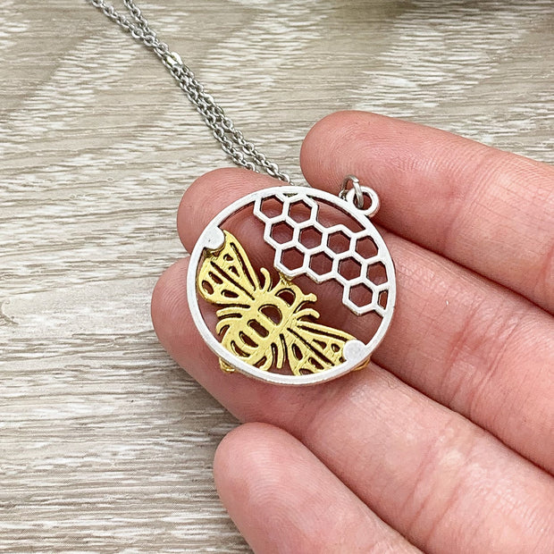Always Bee Yourself, Bee with Honeycomb Necklace, Bee Pendant Gold Silver, Affirmation Gift, Statement Necklace, Modern Jewelry
