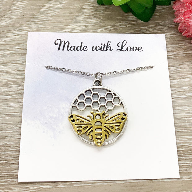 Bee with Honeycomb Necklace, Bee Pendant Gold Silver, Wiccan Necklace, Statement Necklace, Bee Jewelry, Bohemian Jewelry, Gift for Her