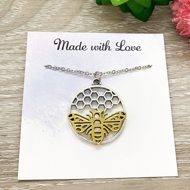 Always Bee Yourself, Bee with Honeycomb Necklace, Bee Pendant Gold Silver, Affirmation Gift, Statement Necklace, Modern Jewelry