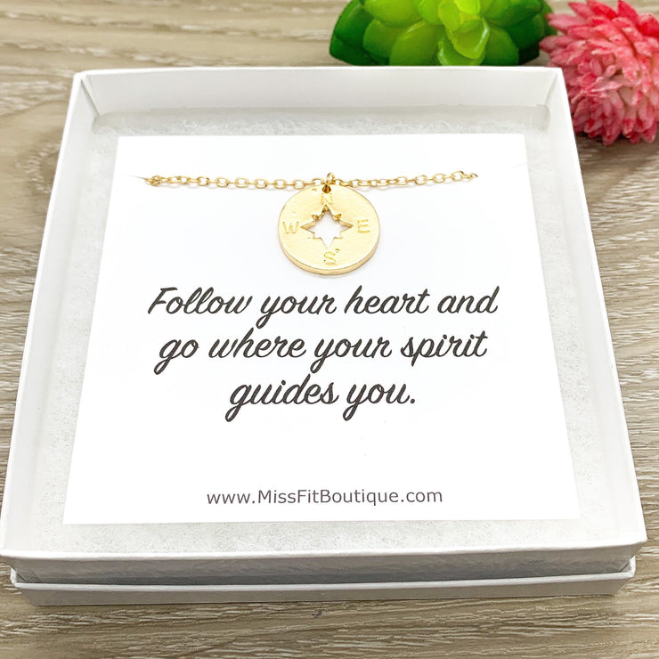 Large Compass Necklace, Follow Your Heart Card, Gold Compass Charm, Gift for Traveler, Compass Keychain, Birthday Gift for Friend