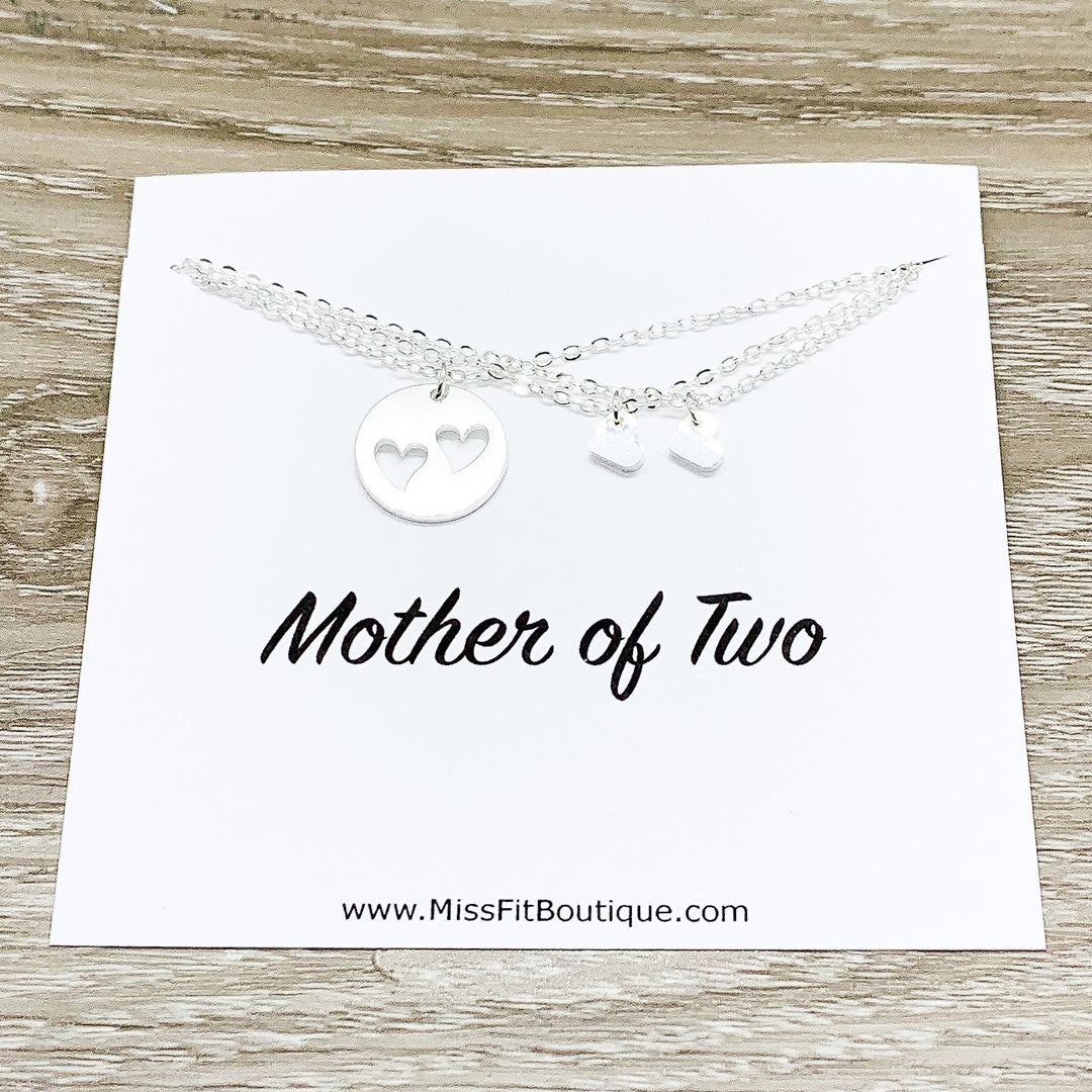 Mother of 2 Gift, Sharable Necklace Set for 3, Gift for Mom Matching Necklaces, Tiny Heart Cutout Pendant, Gift for Mom from Kids