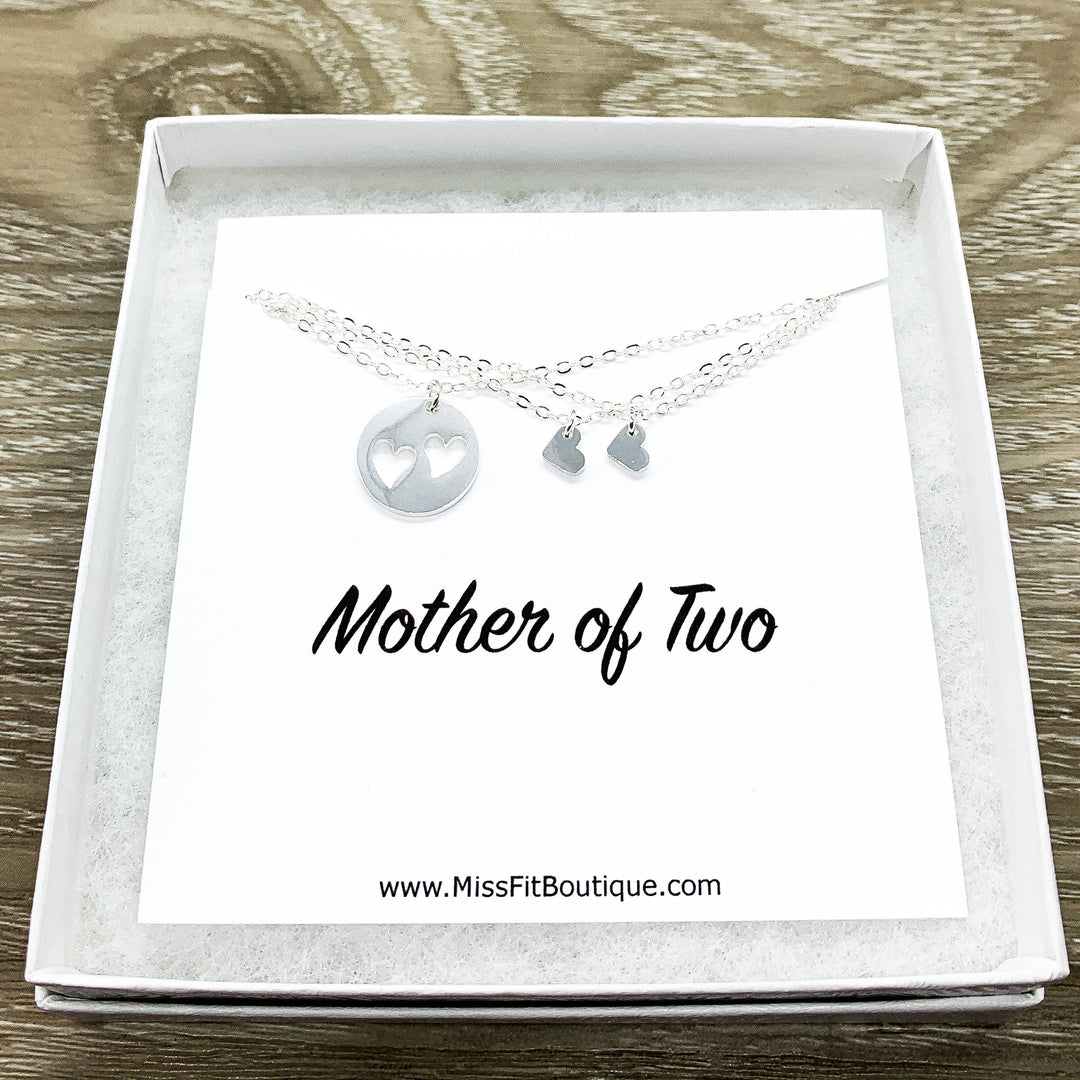Mother of 2 Gift, Sharable Necklace Set for 3, Gift for Mom Matching Necklaces, Tiny Heart Cutout Pendant, Gift for Mom from Kids