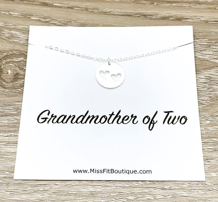 Grandmother of 2 Gift, Silver Heart Necklace, Gift for Grandma, 2 Hearts Cutout Pendant, Gift for Nana from Kids, Grandma Birthday Gift