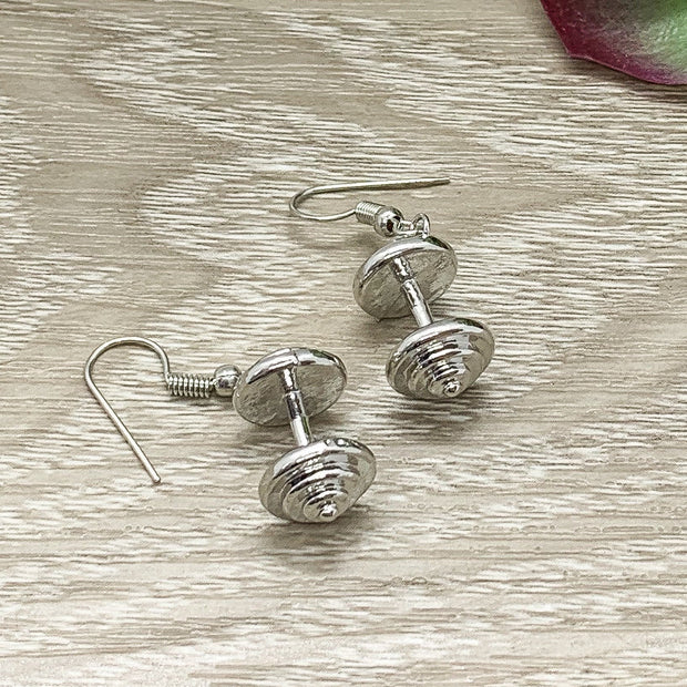 Dumbbell Earrings, Dainty Fitness Earrings, Tiny Silver Dumbbell Charm Jewelry, Weightlifting Gift, Fitness Trainer Gift, Crossfit Jewelry