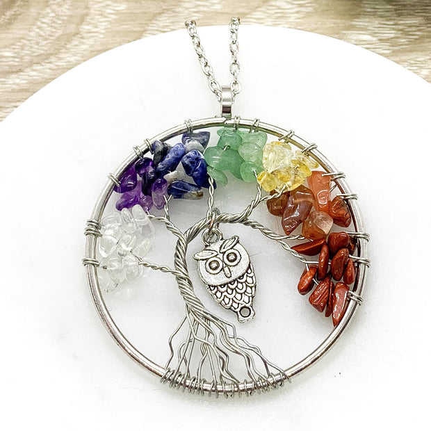 Gemstone Owl Necklace, Rainbow Tree Keychain, Chakra Nature Pendant, Tree of Life Charm, Mindfulness Jewelry, Gift for Her, Stocking Stuffer