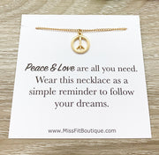Peace Sign Necklace Gold, Peace Pendant, Quote Card, Simple Reminder Gift, Empowering Gift, Follow Your Dreams, Inspirational Gift