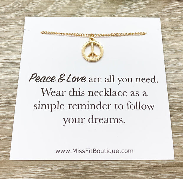 Peace Sign Necklace Gold, Peace Pendant, Quote Card, Simple Reminder Gift, Empowering Gift, Follow Your Dreams, Inspirational Gift