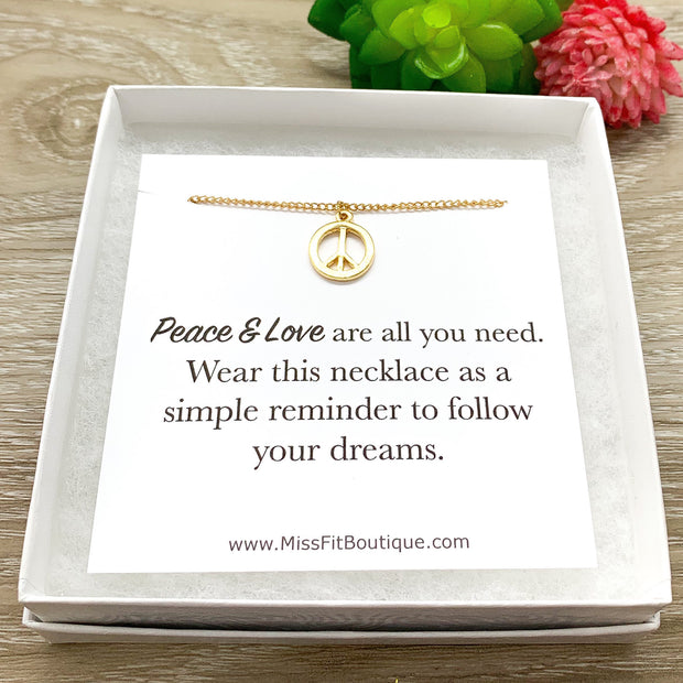 Peace Sign Necklace Gold, Peace Pendant, Quote Card, Simple Reminder Gift, Empowering Gift, Follow Your Dreams, Inspirational Gift