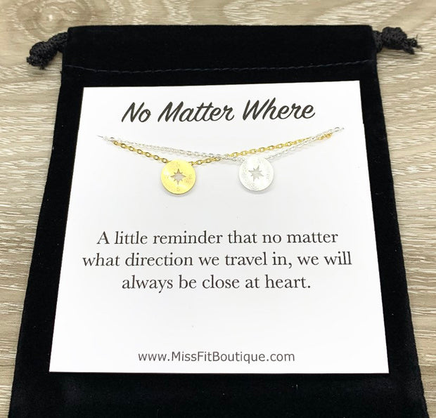 No Matter Where, Compass Necklace Set for 2, Gift from Best Friend, Matching Friendship Necklaces, Going Away Gift, Long Distance Friends