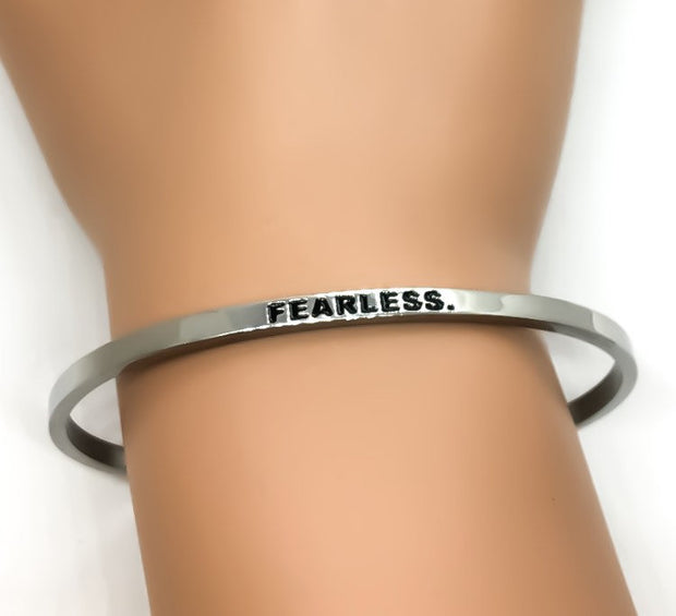 Fearless Cuff Bangle Bracelet, Fearless Gift, Gift for Friend, Thin Mantra Bracelet Silver, Minimalist Bracelet, Friendship Jewelry, Inspire