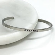 Breathe Cuff Bangle Bracelet, Fearless Gift, Gift for Friend, Thin Mantra Bracelet Silver, Minimalist Bracelet, Friendship Jewelry, Inspire