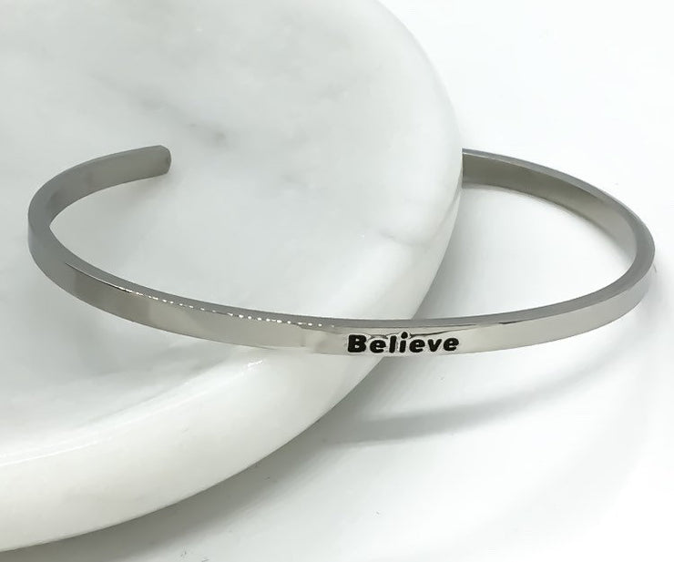 Believe Cuff Bangle Bracelet, Faith Gift, Gift for Friend, Thin Mantra Bracelet Silver, Minimalist Bracelet, Friendship Jewelry, Inspire