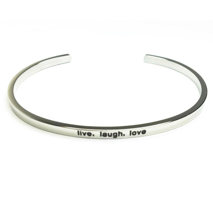 Live Laugh Love Cuff Bangle Bracelet, Buddha Quote for Friend, Thin Mantra Bracelet Silver, Minimalist Bracelet, Friendship Jewelry, Inspire