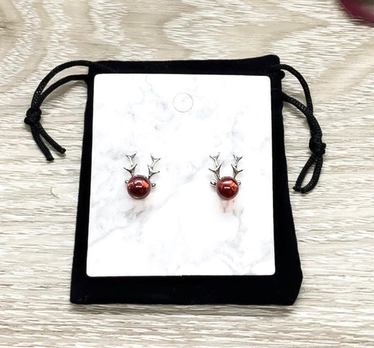 Red Reindeer Stud Earrings, Christmas Studs, Dainty Elk Earrings, Tiny Deer Antler Jewelry, Stag Earrings, Winter Jewelry, Stocking Stuffer